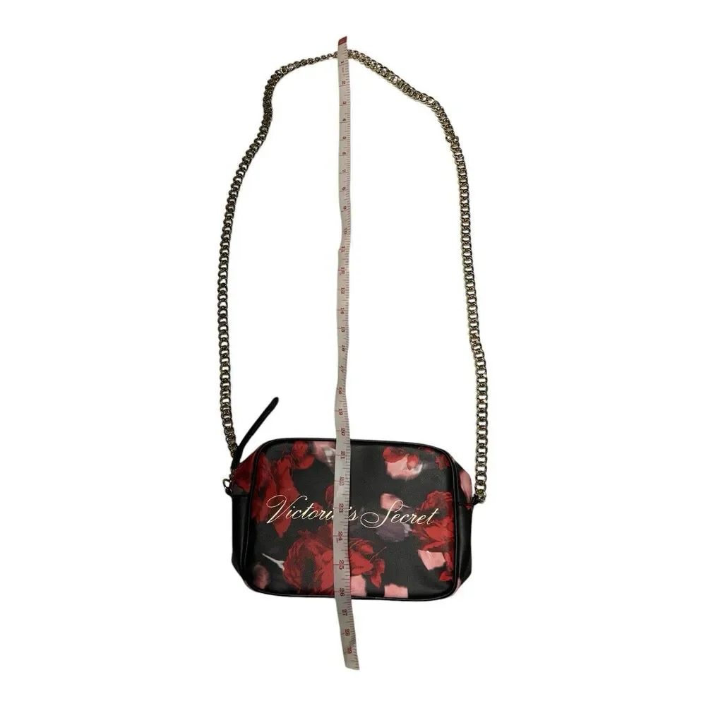 Victoria's Secret Red & Black Floral w/Gold-Tone Heavy Chain Crossbody Bag Purse